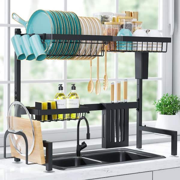 Over The Sink Black Dish Drying Rack, Adjustable 2 Tier Stainless Steel Kitchen Drainer with Cutlery, Utensil Holders