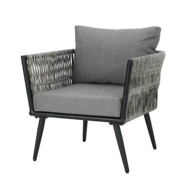 Otis Black Wicker and Light Gray Metal Outdoor Club Chair with Dark Gray Cushions