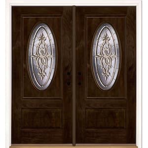 74 in.x81.625 in. Silverdale Brass 3/4 Oval Lt Stained Chestnut Mahogany Left-Hand Fiberglass Double Prehung Front Door
