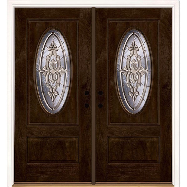 Feather River Doors 74 in.x81.625 in. Silverdale Brass 3/4 Oval Lt Stained Chestnut Mahogany Left-Hand Fiberglass Double Prehung Front Door