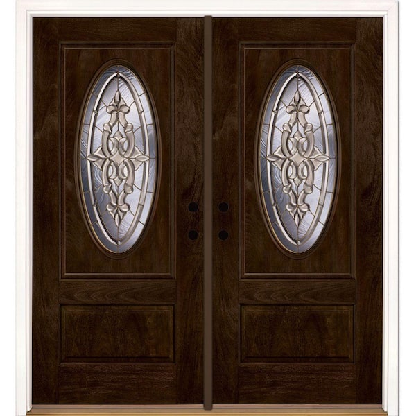 74 in.x81.625 in. Silverdale Brass 3/4 Oval Lt Stained Chestnut Mahogany Left-Hand Fiberglass Double Prehung Front Door