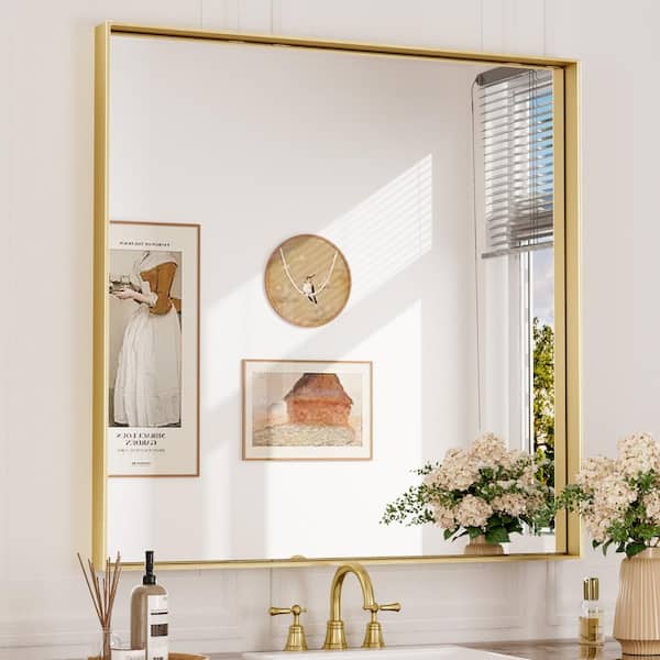 KeonJinn 36 in. W x 36 in. H Rectangular Framed Aluminum Square Corner Wall Mount Bathroom Vanity Mirror in Brushed Brass