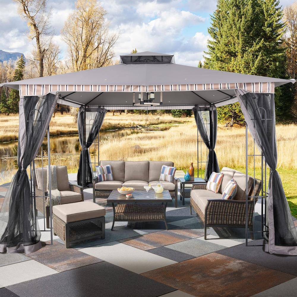 Gray and Black Metal Patio Gazebo with Mosquito Netting