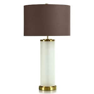 31 in. Frosted White, Polished Brass, Brown Task and Reading Table Lamp for Living Room with Brown Linen Shade