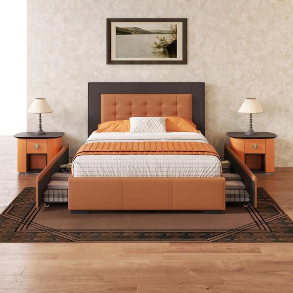Harper & Bright Designs Orange and Brown Metal Frame Queen PU Leather and Velvet Upholstered Platform Bed with 4-Drawer, Button Tufted Headboard