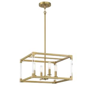 Oro District 60-Watt 4-Light Soft Brass Cage Pendant-Light with Clear Acrylic Accents and No Bulbs Included
