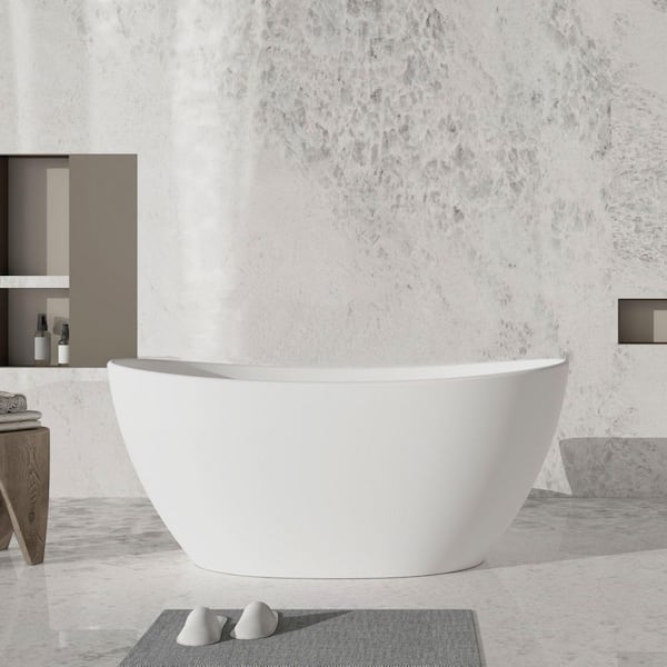 59 in. x 29 in. Double Slipper Freestanding Solid Surface Soaking Bathtub in Matte White with Center Drain