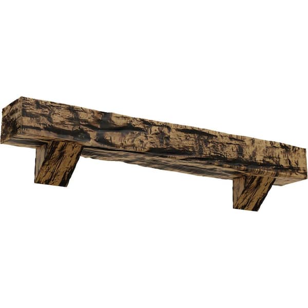 Ekena Millwork 4 in. x 4 in. x 4 ft. Riverwood Faux Wood Fireplace Mantel Kit, Breckinridge Corbels, Natural Golden Oak