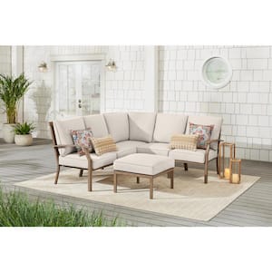 Geneva 6-Piece Brown Wicker Outdoor Patio Sectional Sofa Seating Set with Ottoman and CushionGuard Almond Tan Cushions