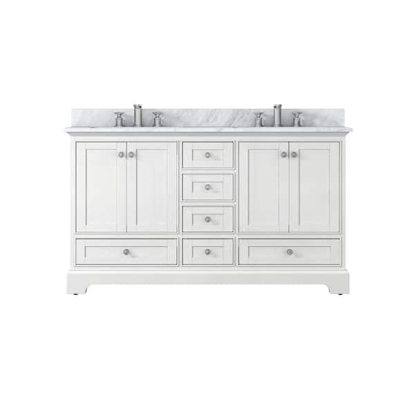 JimsMaison 60 in. W x 22 in. D x 35 in. H Freestanding Bath Vanity in White with White Natural Marble Top