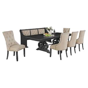 Jade 7-Piece Rectangle Gray Dining Set with Beige Linen Fabric.