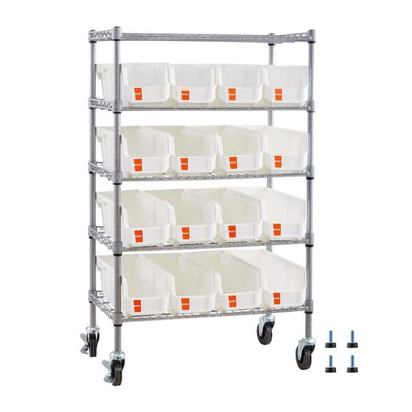 5-Tier Rolling Bin Storage Rack, 16 Bins, Bin Rack Storage Steel Wire Shelving System with Wheels for Garage, 575 lbs.
