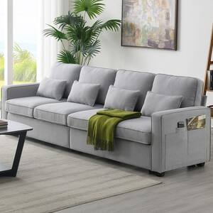 Home decorator's 114 in. square arm linen fabric 4-seats modern sofa in light gray for storage