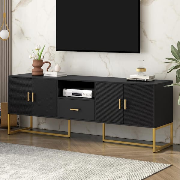 Polibi Black TV Stand Fits TV's up to 70 in. with 1-Drawer, 2-Cabinets and Metal Legs, Handles and Anti-Tip Device