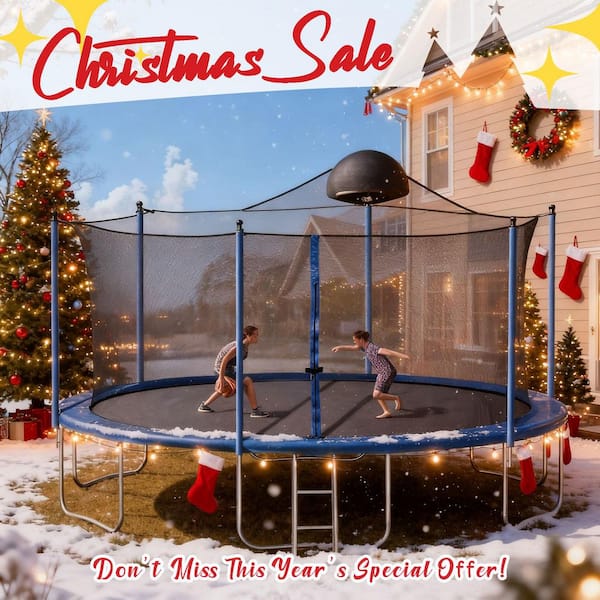 14 ft. Blue Round Trampoline with Safety Enclosure Net and Basketball Hoop