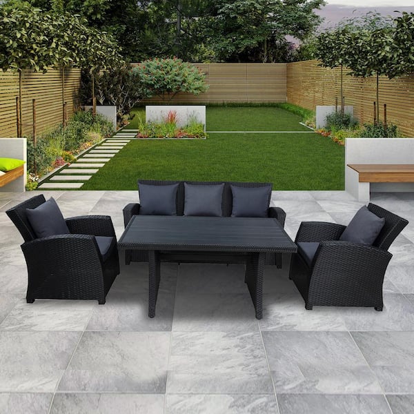 Tunearary 4-Piece Black Wicker Outdoor Sofa Set with Gray Cushions