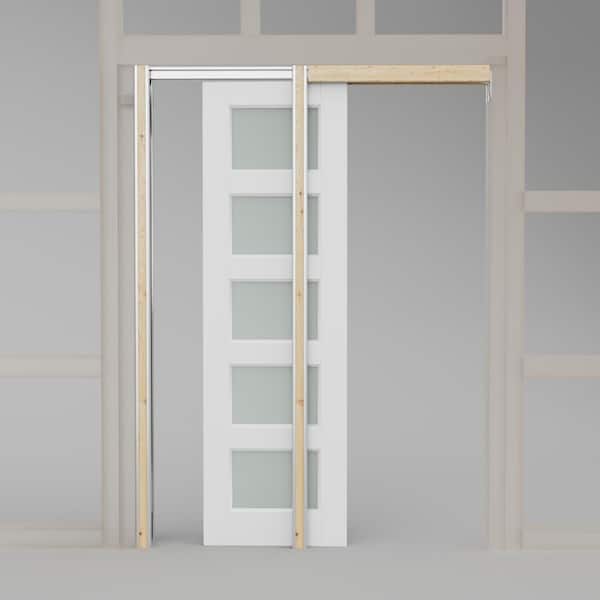 24 in. x 80 in. 5-Lite Glass White Primed MDF Pocket Sliding Door with Pocket Door Hardware Kit (Soft Close Included)