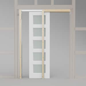 24 in. x 80 in. White Primed 5-Lite Frosted Glass Door Slab with Wood Pocket Door Frame and Hardware (Soft Close Incl)