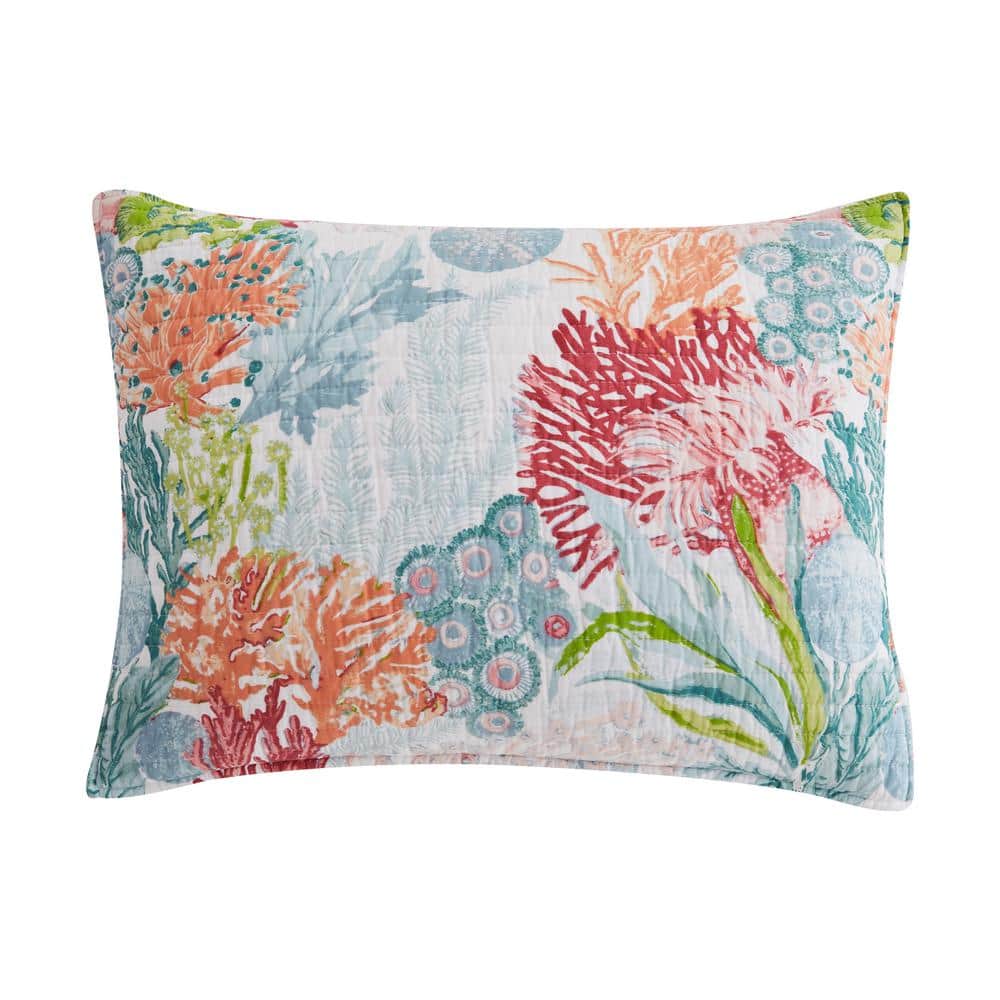 Caribbean Coral King Cotton Quilt Set with Reversible Blue Trellis Design