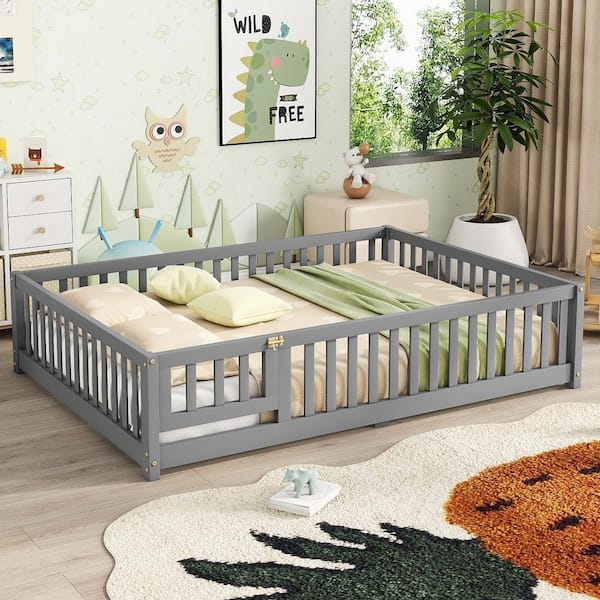 Gray Full Size Wood Floor Bed Frame with Safety Guardrails and Door Low Platform Bed with Bed Slats for Kids
