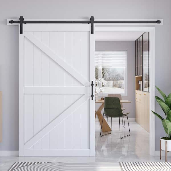 48 in. W. x 84 in. British K Shape White MDF Sliding Barn Door with Hardware Kit