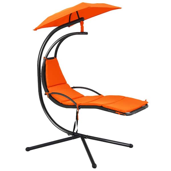 Costway Metal Outdoor Patio Chaise Lounge Chair with Orange Canopy Cushions