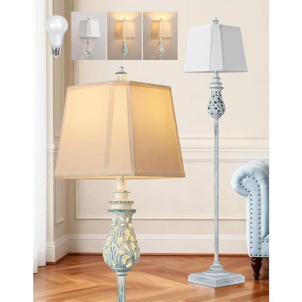 64 in. Wash Blue Vintage Tree Floor Lamp with Nightlight, Rustic Farmhouse Standing Lamp with Rotary Switch