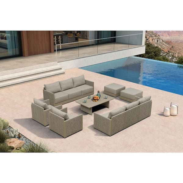 11 Pieces Patio Conversation Sets with Coffee Table All Weather Outdoor Couch Sectional Set with Cushion Beige