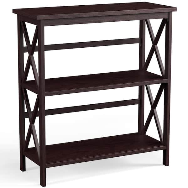 Costway 34 in. H Brown Coffee 3-Tier Bookshelf Wooden Open Storage Bookcase for Home Office