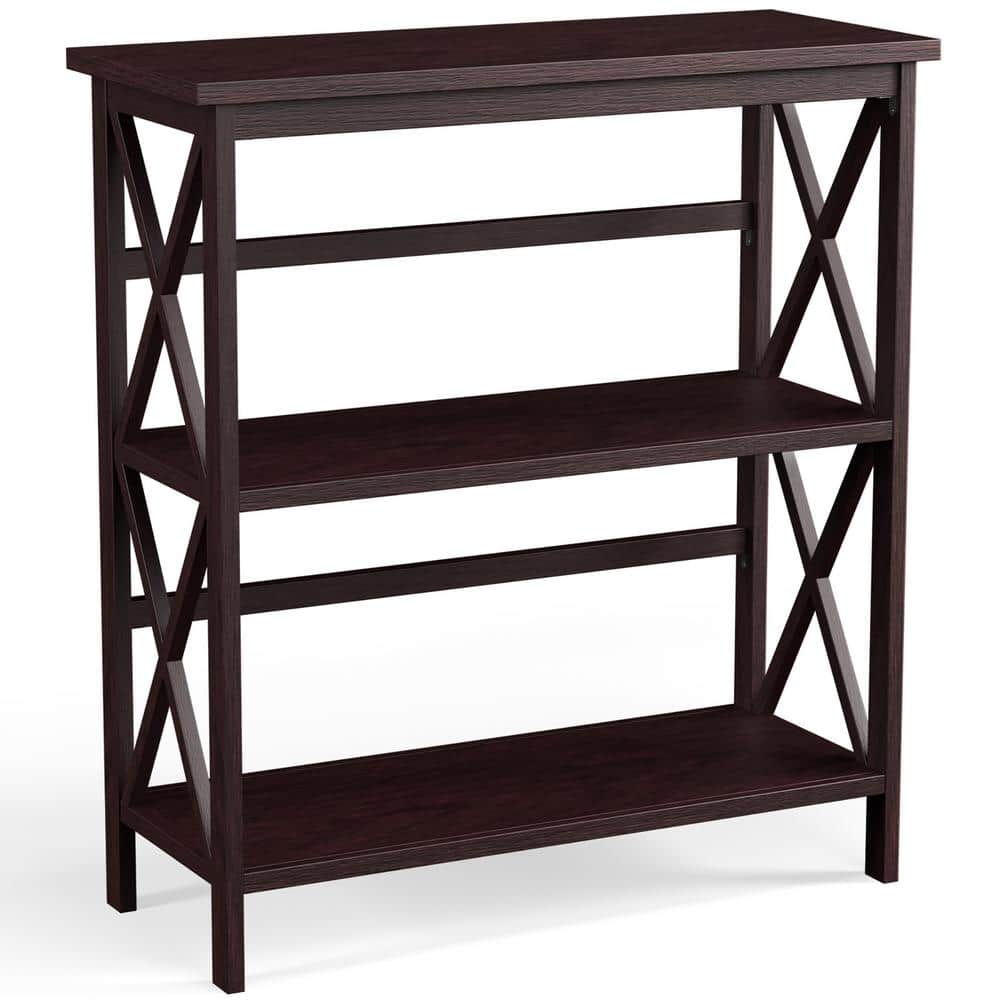 Costway 34 in. H Brown Coffee 3Tier Bookshelf Wooden Open Storage Bookcase for Home Office