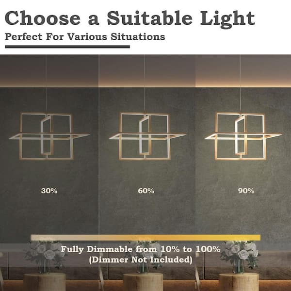 Mid-Century Modern 46-Watt 3-Light Dimmable Integrated LED Brushed Gold Island Chandelier, Square Hanging Pendant Light