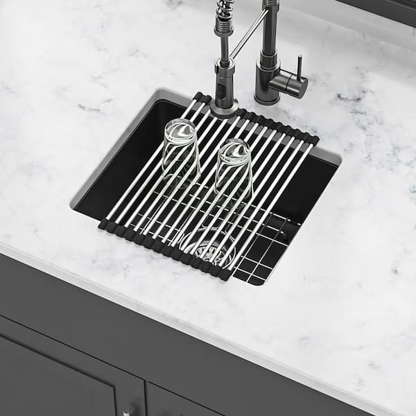 18 in. Undermount Single Bowl Black Quartz Kitchen Sink with Bottom Grids