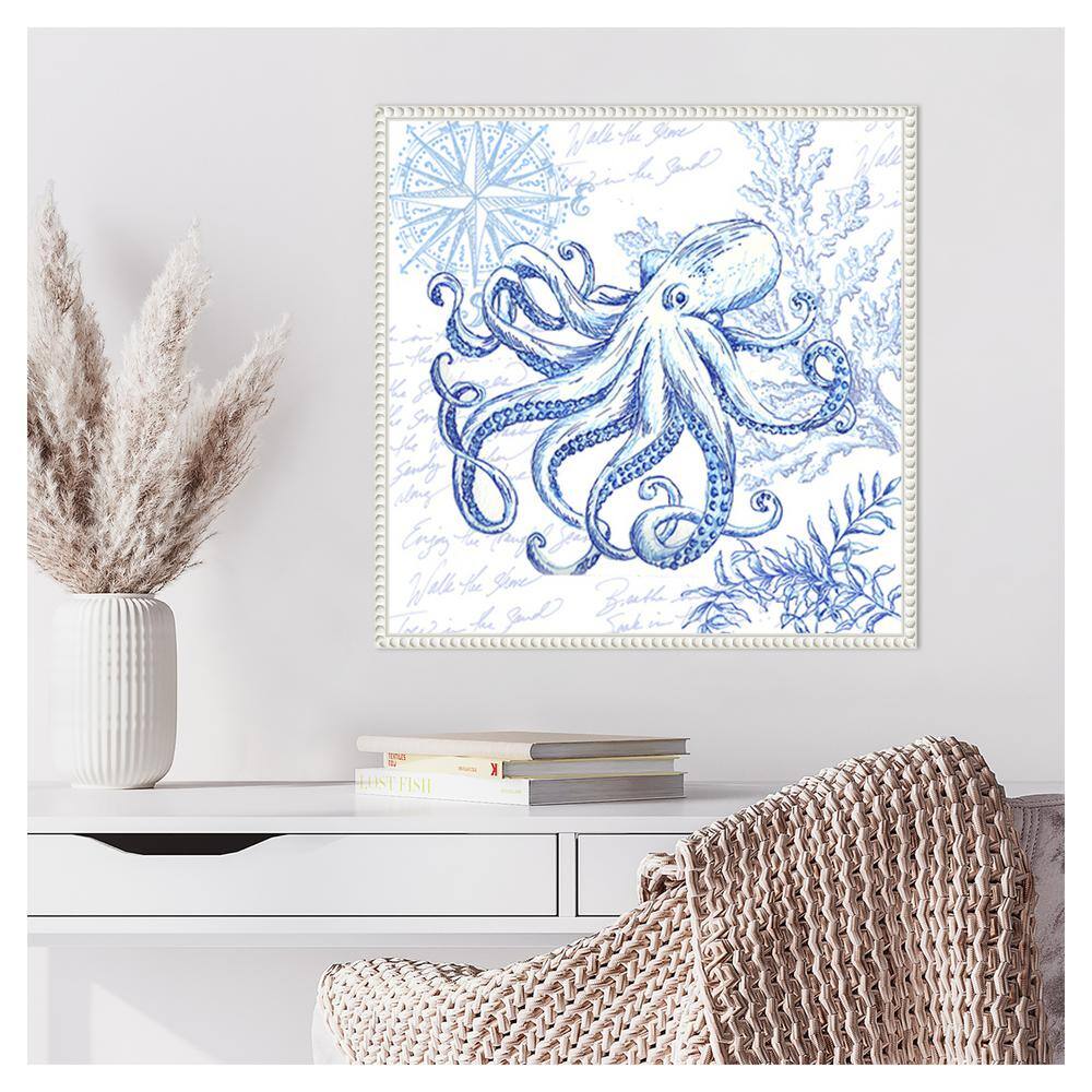 Blue Coastal Octopus Sketch Framed Canvas Wall Art