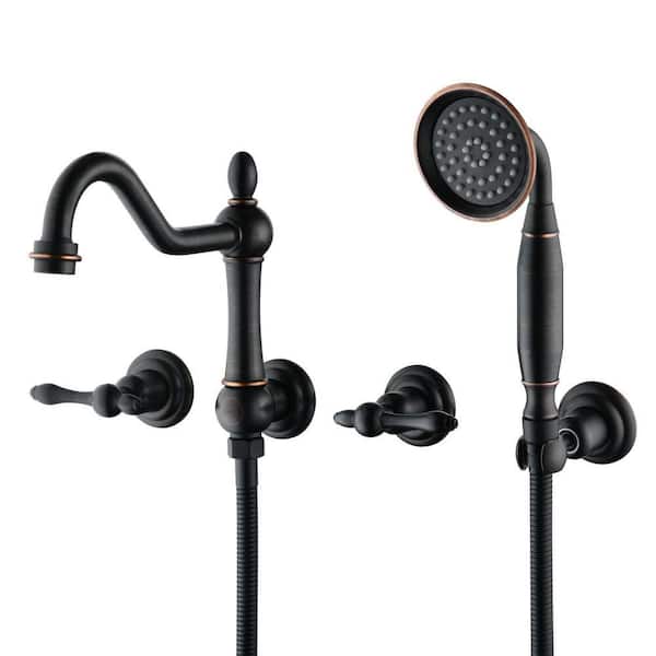 Vintage Double Handle Wall Mount Roman Tub Faucet with Hand Shower in Oil Rubbed Bronze