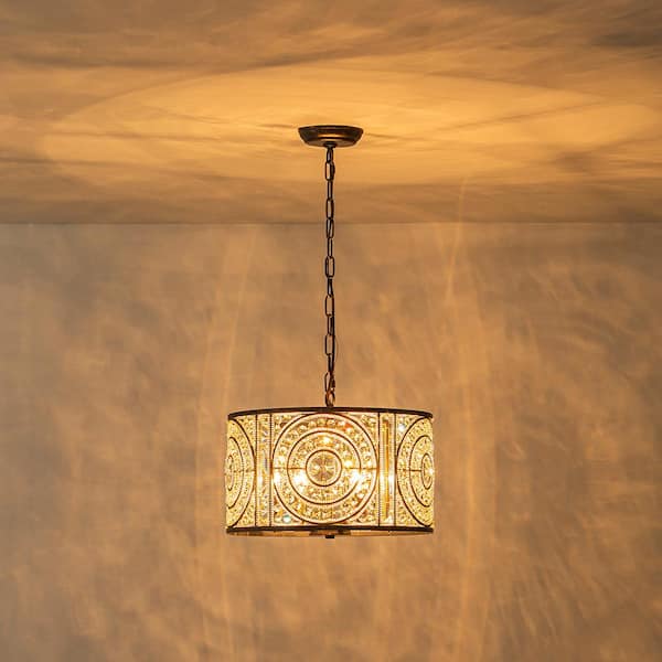 HUOKU Iridescent 4-Light Vintage Crystal Drum Antique Bronze