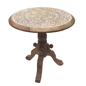 18 in. H Brown and White Intricately Carved Round Top Mango Wood Side End Table with Pedestal Base