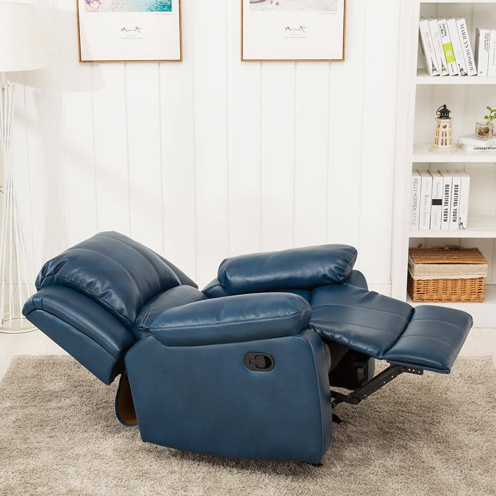 Midnight Blue Transitional Faux Leather & Wood Recliner Chair