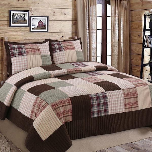 Cozy Line Home Fashions Brody 3-Piece Brown Patchwork Queen Quilt Set