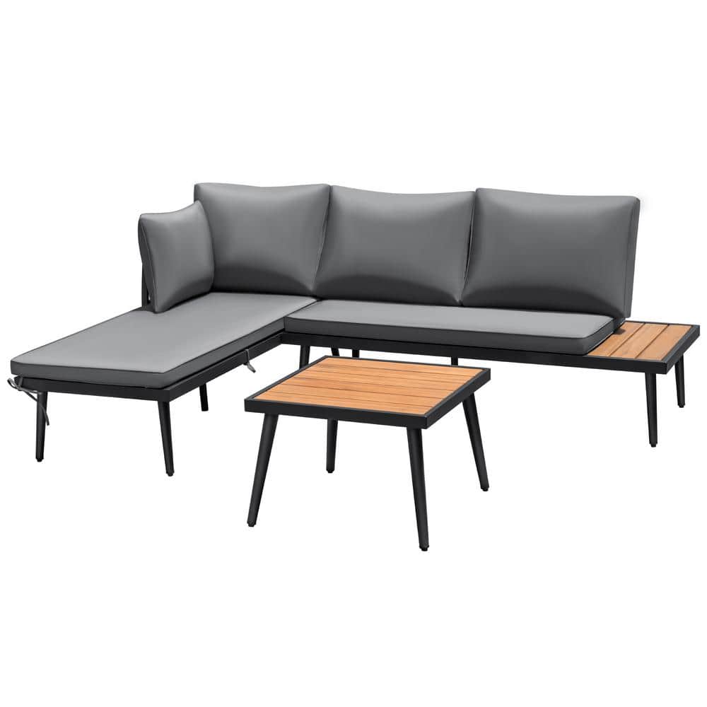 Black 3-Piece Patio Conversation Set L-Shape Outdoor Sofa with Acacia Wood Table and Gray Cushions price history on PriceWatchPro