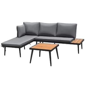 Black 3-Piece Patio Conversation Set L-Shape Outdoor Sofa with Acacia Wood Table and Gray Cushions