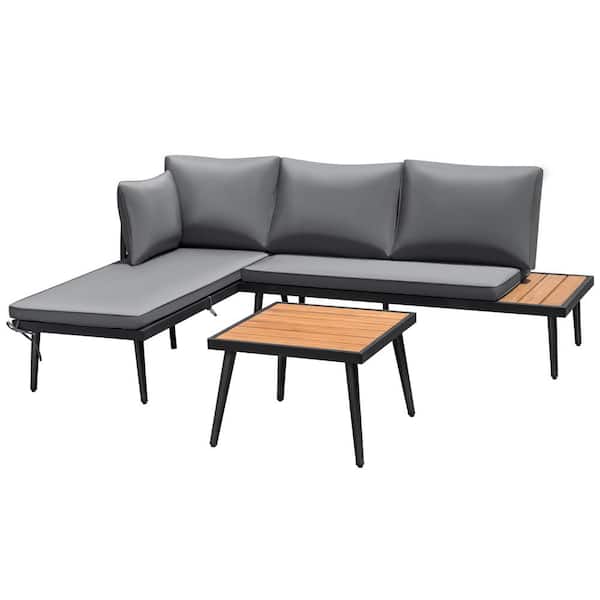 Tozey Black 3-Piece Patio Conversation Set L-Shape Outdoor Sofa with Acacia Wood Table and Gray Cushions