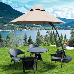 11 ft. Aluminum Cantilever Hanging Patio Umbrella with Base and Wheels in Tan