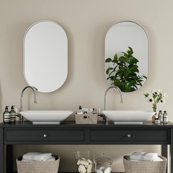 20 in. W x 34 in. H Oval Medicine Cabinet with Mirror and Adjustable Shelves Recessed or Surfac Mount in White