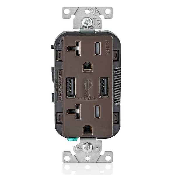 Leviton Decora 20 Amp Tamper Resistant Duplex Outlet and 3.6 Amp USB Outlet, Brown T5832-B
