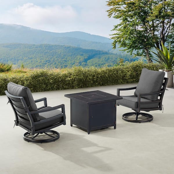 Oakland Living Black 3-Piece Aluminum Patio Fire Pit Set with 2-Club Chairs Black Cushions