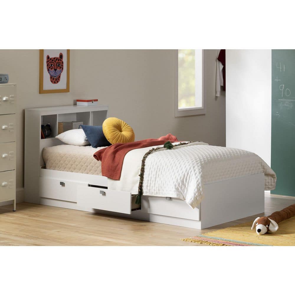 White Twin Wood Captain's Bed with Storage Drawers