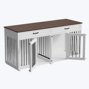 64.6 in. Large Dog Pens, Indoor Wooden Dog Crate Kennel with 2-Drawers and Divider for Medium or 2 Small Dogs, White