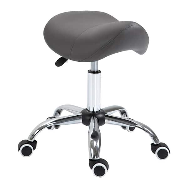 HOMCOM Ergonomic Grey Rolling Saddle Stool PU Leather Hydraulic Spa Stool Height Adjustable Swivel Drafting Medical Salon Chair