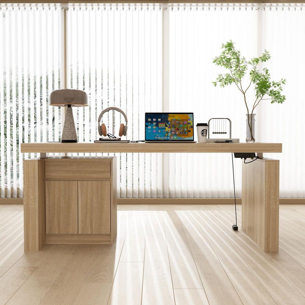 FUFU&GAGA 70.9 in. Rectangular Oak Wood 1-Drawer Electric Standing