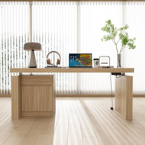 70.9 in. Rectangular Oak Wood 1-Drawer Electric Standing Desk with Control Panel, File Cabinet, Adjustable Height Design